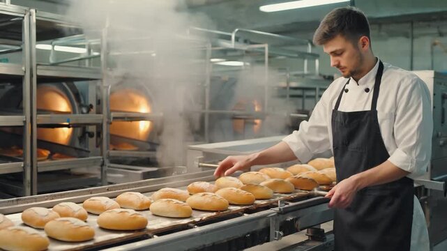 Commercial Bread Factory with Fresh Loaves Coming Out of Oven