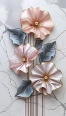 Elegant floral art: pink & grey 3D flowers with gold accents on marble white. Poster, vertical wallart