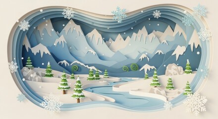Paper-cut winter landscape with snowy mountains, fir trees, and frozen river