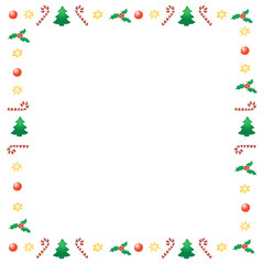 Vector frame of candy canes, stars, Christmas trees, holly berries. New year Xmas background, border for winter holidays decor, greeting cards