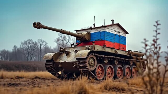 A tank with a Russian flag painted on top of it in a field