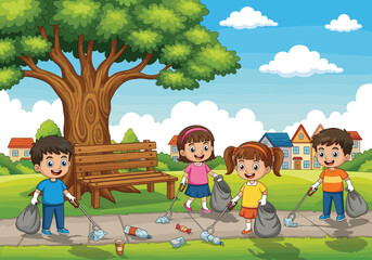 Four cartoon children cleaning litter in park, eco-friendly kids activity vector illustration, cheerful teamwork artwork, environmental awareness design, outdoor community background