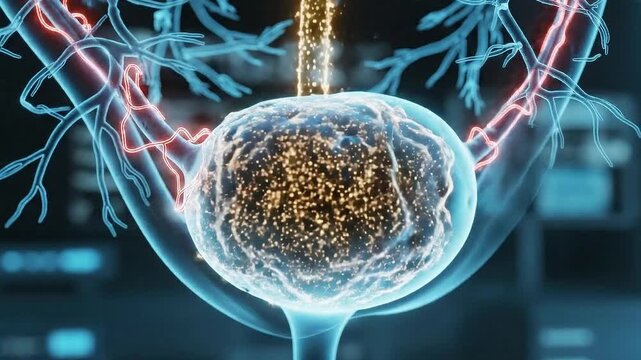 Male Reproductive System Anatomy Medical Animation Scientific Depiction with Glowing Sperm Cells Transporting through Vas Deferens and Urethra in Clinical Blue Tones