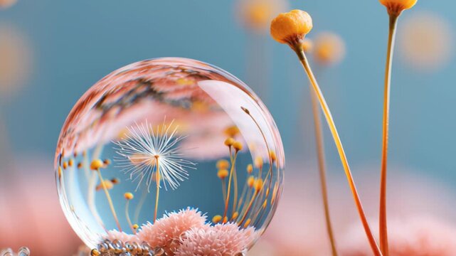 raindrop magnified into tiny world on pastel background, surreal natural minimal vibe 