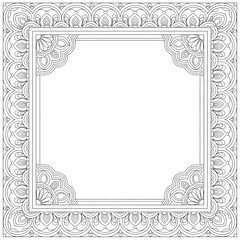Ornate black square frame with floral motifs isolated on transparent background