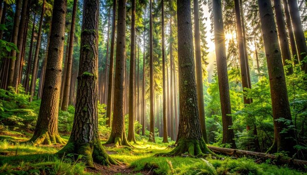A sun-dappled forest floor with tall, mossy trees and vibrant green foliage.