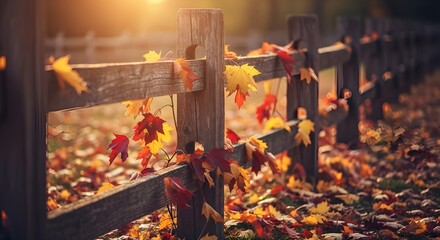 Golden autumn sunlight bathes rustic wooden fence adorned with vibrant fallen leaves