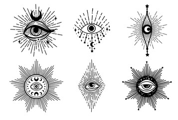 Evil eye set. Eye of Providence. Lineart Vector illustration. Magic celestial witchcraft symbol. Masonic symbol. Hand drawn logo or emblem