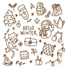Winter cozy doodle set. Warm clothes, drinks, books, gifts, candles, mittens, socks, snowflakes and others. Cute line art vector. on white background Christmas mood