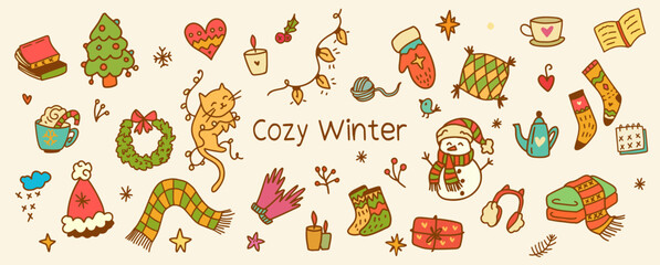 Winter Banner doodle set. Warm clothes, drinks, books, gifts, candles, mittens, socks, snowflakes and others. Cute line art vector. on white background Christmas mood