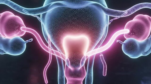 Medical Animation of Female Reproductive System with Ovaries Uterus and Fallopian Tubes Illuminated in Neon Blue and Pink Glow with Subtle Particle Effects