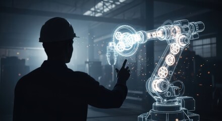 Engineer interacting with futuristic holographic robot arm in industrial setting