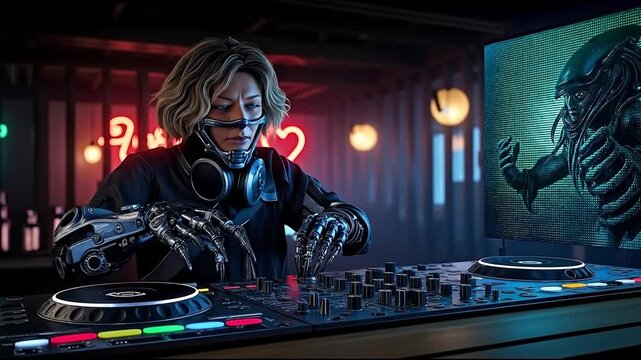 A woman in a black suit playing a dj set in front of a large screen