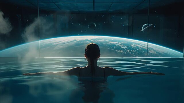 Serene astronaut unwinds in orbital habitat overlooking beautiful