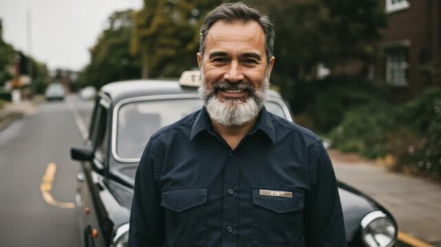 Cheerful man with beard, wearing a dark shirt, stands in front of a classic black taxi on a street
