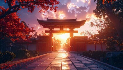 A vibrant sunset casts a warm glow over a traditional Japanese Torii gate, framed by fiery red autumn leaves and leading to a serene temple courtyard.