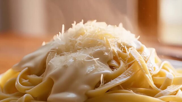 Plate of fettuccine alfredo and shredded cheese on top, ideal for food blogs, restaurant menus, and culinary websites. Rich, creamy pasta dish closeup view.