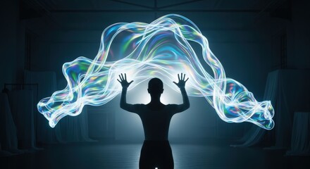 Silhouette of a person creating a swirling ethereal light energy above their hands