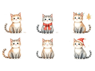 Fototapeta premium Collection of a Cute group of playful domestic cats and kittens posing together icon on a white background