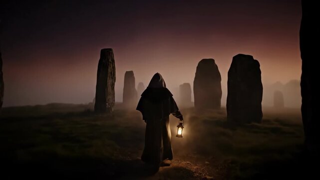 A mysterious hooded man with a lantern walks through a foggy pagan stone circle at dusk, exploring ancient ritual grounds footage.