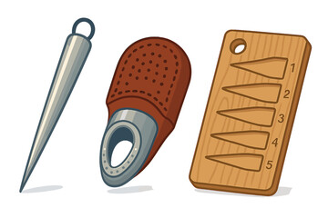 Essential tools for leather crafting including a sharp awl, a stitching groover, and a wooden template gauge