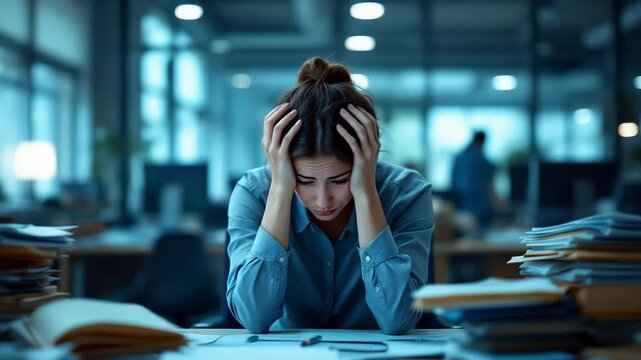 Stressed paralegal burdened with endless case files and urgent