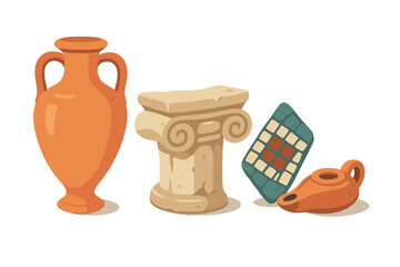 Ancient historical objects set: terracotta amphora, Ionic column fragment, mosaic, and oil lamp