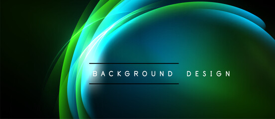 Abstract flowing lines create vibrant blue, green gradients. Text reads background design centered within luminous shape. Dark background provides contrast.