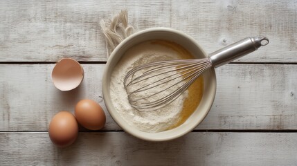 Flour and eggs in a bowl with whisk on white wooden table isolated. Generative AI