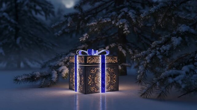 Ornate glowing gift box with blue ribbon in snowy forest at night, decorative metal present illuminated from within, winter landscape under moonlight, mysterious christmas atmosphere