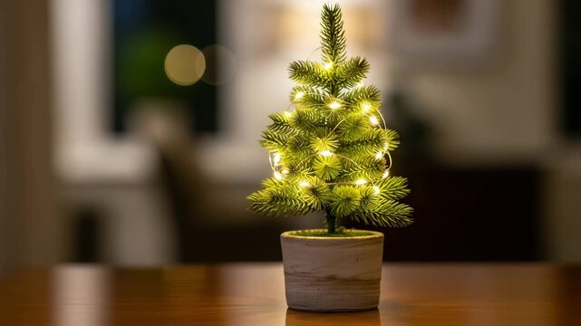 A small Christmas tree with warm fairy lights in a ceramic vase sits on a wooden table in a cozy, subdued living room, with soft lighting and a festive bokeh in the background.