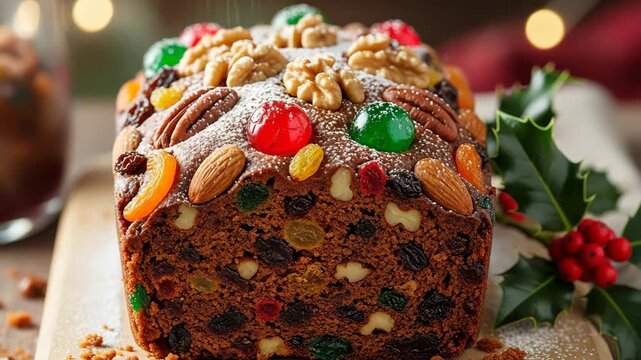 Traditional Christmas fruitcake loaf topped with nuts and candied fruits, close up on wooden board, rich holiday dessert with raisins and almonds, festive pastry in warm kitchen light