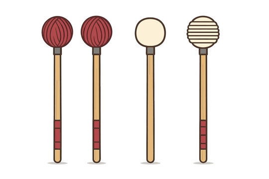 Four distinct wooden mallets with wrapped and smooth heads used for percussion instruments