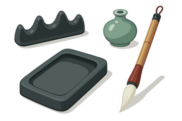 Traditional Chinese calligraphy tools set featuring ink stone, brush rest, water pot, and writing brush