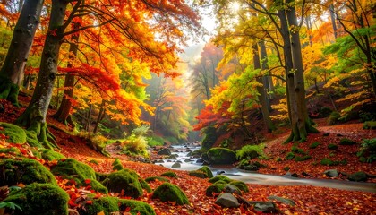 Autumnal Serenity - A Tranquil Stream Flows Through a Vibrant Forest.