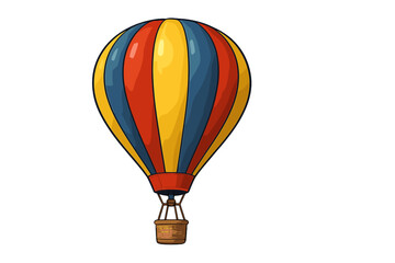 Naklejka premium Vibrant striped hot air balloon with wicker basket isolated on white background