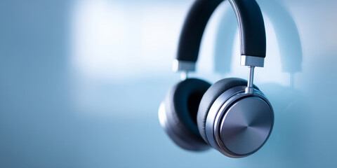 Close-up of modern wireless over-ear headphones hanging against a reflective light blue background with soft lighting and shallow depth of field