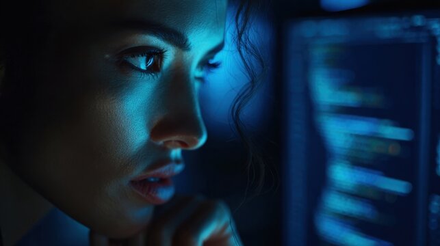 Young Woman Analyzing Computer Screen in Dark Room with Blue Light