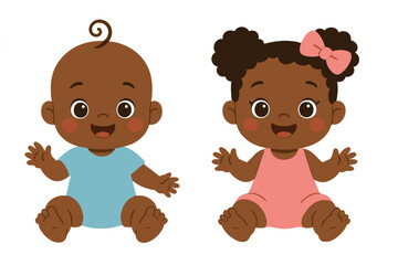 Fototapeta premium Cute cartoon twin babies sitting together with happy smiling faces