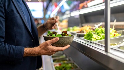 Man selecting a fresh salad at a salad bar for a healthy lunch.