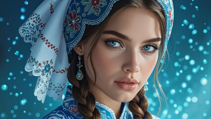 Young woman in traditional blue folk costume with embroidered headscarf and braids against a festive sparkling background.