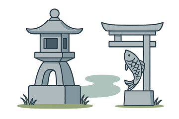 Traditional Japanese stone lantern beside a torii gate with carp ornament