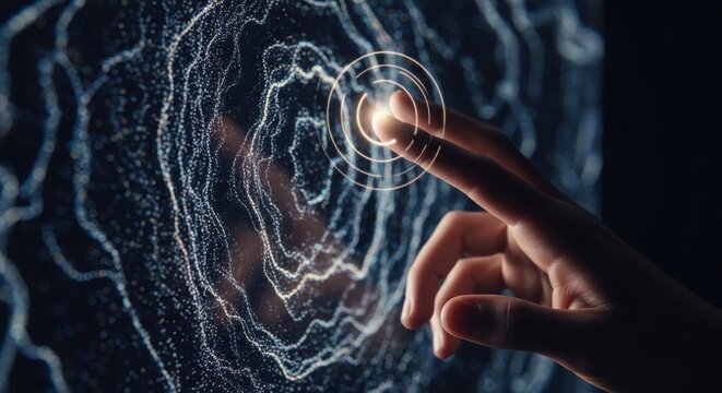 Touching an interactive digital display with concentric circles on a modern interface