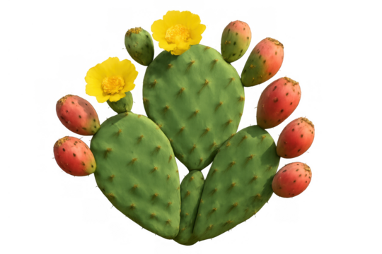 Prickly pear cactus pads producing yellow flowers and ripening red fruits on transparent background
