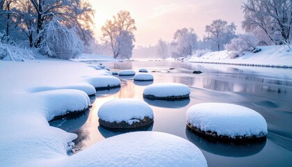 A tranquil winter scene featuring a partially frozen river with snow-capped rocks, surrounded by snow-laden trees and a gentle, hazy sunrise.