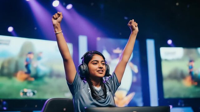 Joyful esports participant celebrates victory with team and audience