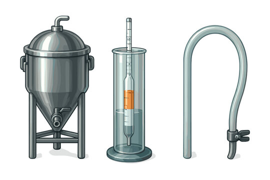 Essential homebrewing tools including fermenter hydrometer and airlock
