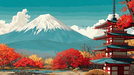 Obraz premium Scenic view of a towering pagoda nestled in the foreground of majestic mount fuji under bright sky