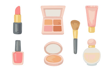 Pink and beige cosmetic beauty products assortment for makeup application