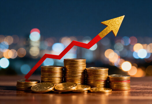 Conceptual image shows growing success of investment and finance market as economy rebounds, reflected in increasing Gross Domestic Product GDP analysis